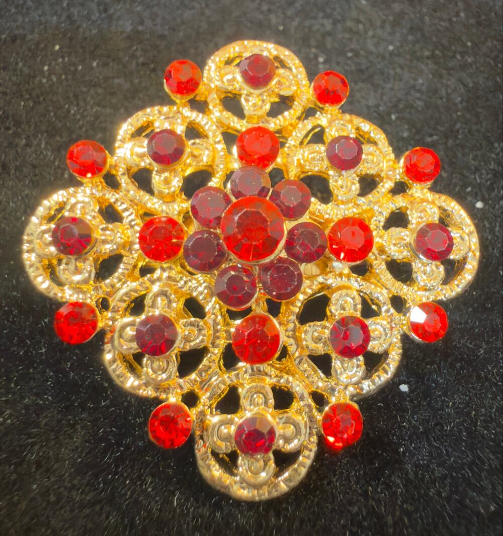 Vintage Gold-Tone Ruby Red Rhinestone Filigree Brooch | Floral Statement Pin